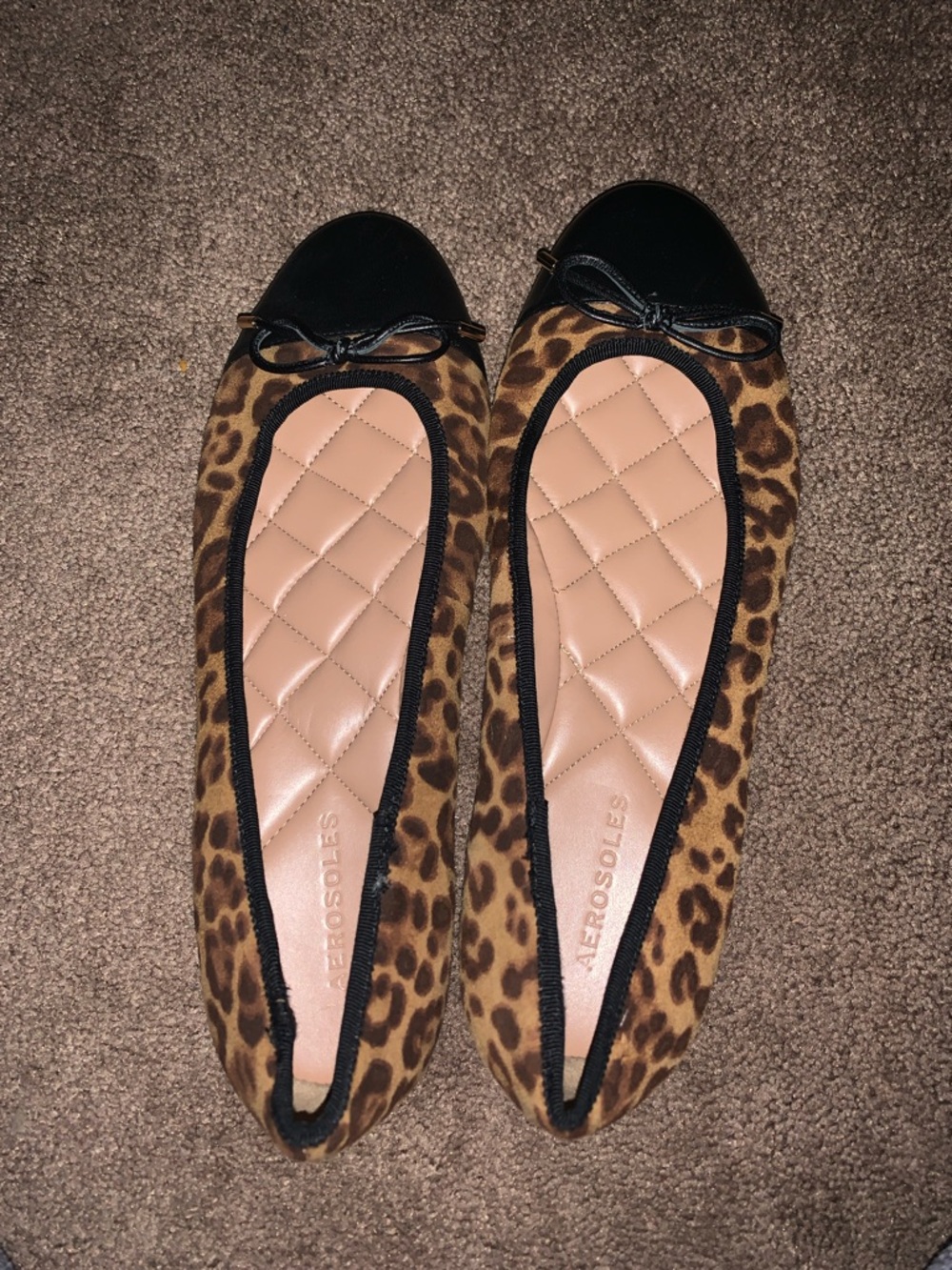 AEROSOLES Leopard Print Ballet Flats with Black Toe Cap